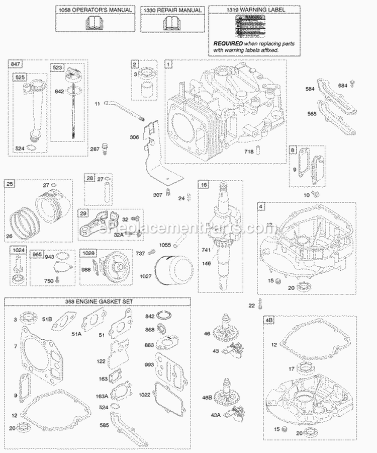 Camshaft Crankshaft Cylinder Engine Sump Lubrication Piston Group Diagram and Parts List for  Briggs and Stratton Engine